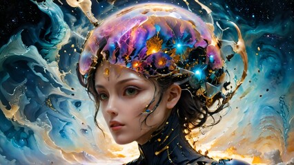 woman brain spark electric style of laniakea supercluster surreal back lit