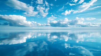 Beautiful sky with blue color and white clouds, mirror reflection on water surface