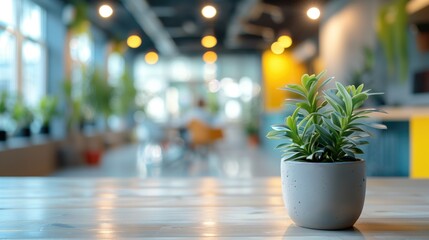 Fototapeta premium A flower in a pot stands on a table in the office. Background with selective focus and copy space