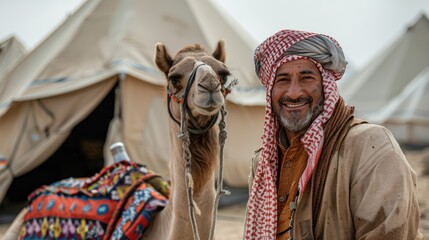 Portrait of tour guide wearing traditional clothing, standing next to reclining dromedary wearing...