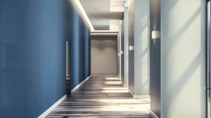 Obraz premium long white empty corridor in interior of entrance hall of modern apartments, office or clinic