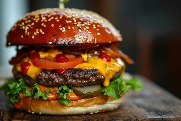 American burger food meat. Fries gourmet. Generate Ai