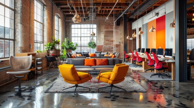 Unoccupied work environment with exposed ceiling, polished concrete floor, task table with computers for eight, paned windows, and colorful furnishings.