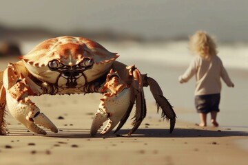 Surreal image of a child facing a large crab on a sunny beach, with a focus on the unexpected scale