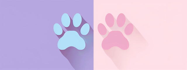 
This illustration features a pastel pink background adorned with two simple line drawings of dog paw prints. The paw print on the left is stylized with purple and blue colors and has an extra thick 