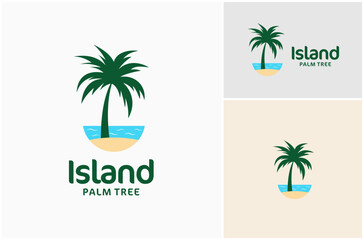 Island Sand Coast Beach Sea Water Wave Palm Tree Nature Landscape Vector Logo Design Illustration