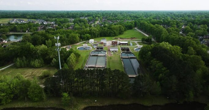 Flying Towards The Collierville Wastewater Treatment Plant In Collierville, Tennessee, USA. - aerial shot