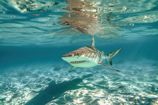 Big shark underwater sunny. Scuba predator. Generate Ai