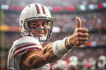 An American football player in a white helmet and uniform gives a thumbs up with his right hand. On...