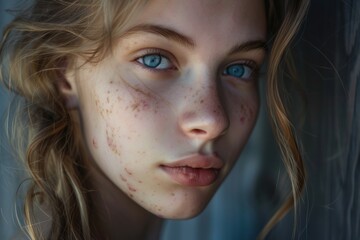 Closeup portrait of a beautiful 15yearold girl showing her natural skin with acne, looking confidently into the camera, against a softfocus background