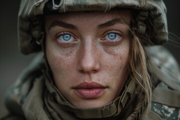 Close-up portrait of a determined and strong young female soldier with piercing blue eyes, dressed in camo combat uniform against a muted grey background
