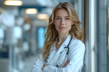 Confident young female doctor posing with stethoscope in modern clinic hallway, radiating professionalism and poise