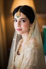 Captivating portrait of a bride in traditional dress, showcasing intricate gold embroidery and beautiful jewelry, capturing a moment of tranquil beauty and cultural opulence