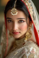 Closeup portrait of a beautiful bride adorned in traditional wedding attire, showcasing intricate embroidery and jewelry, capturing a serene moment before her nuptials