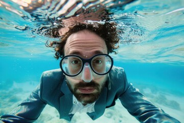 Humorous image of a businessman in a suit swimming underwater with goggles, captured in clear, sunlit water
