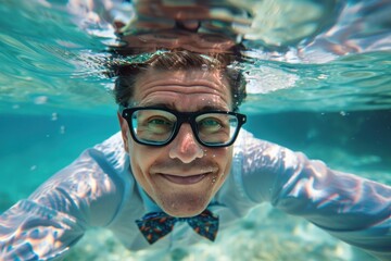 Eccentric entrepreneur in spectacles and a bow tie frolics underwater with a playful smile, blending formal attire with a carefree aquatic setting