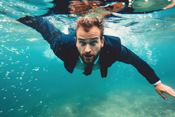 Businessman in formal attire comically swimming underwater with a determined yet amusing expression, representing innovative strategies for corporate obstacles