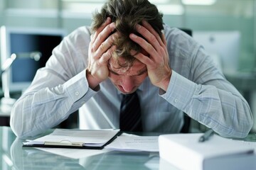 Overwhelmed businessman with head in hands, overwhelmed by paperwork in a contemporary office setting, illustrating the pressures of the workplace and mental fatigue