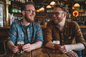 Two friends enjoying a beer and a laugh in a friendly pub with a cozy atmosphere and warm lighting, showcasing the joy of friendship