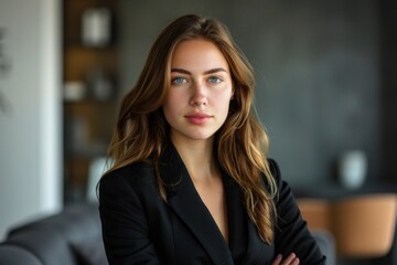 Confident young woman in business attire posing in a modern office portrait