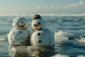 The impact of global warming depicted by two happy, melting snowmen by the ocean