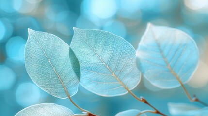 Obraz premium Delicate Skeleton Leaves Close-up, Soft Blue and Light Green Tones, Natural Texture in High Definition, Static Composition with Blurred Foreground