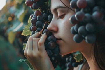 Close-up of a young woman smelling ripe grapes amidst lush vines