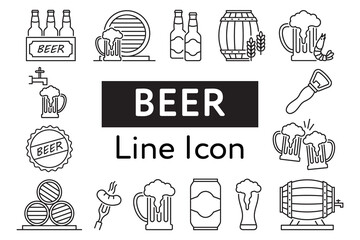Beer Line Icon. Contains such Icons as Barrel, Six-pack, Keg, Signboard, Mug, drinks. Alcohol pub or bar glass. Two glasses of beer toasting creating splash on white background.