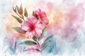 With careful brushstrokes, the Oleander flower blooms in watercolor, its clusters of delicate blossoms in shades of pink and white exuding a subtle yet captivating charm.
