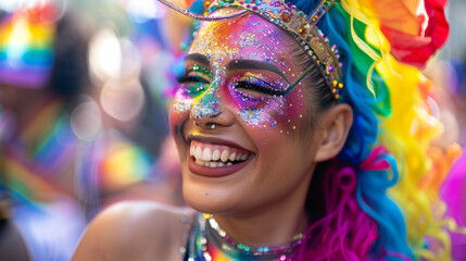A close-up shot of a participant at a Pride parade, adorned in a glittering rainbow costume, their face painted with vibrant colors, background blurred to emphasize their joyful expression, the atmosp