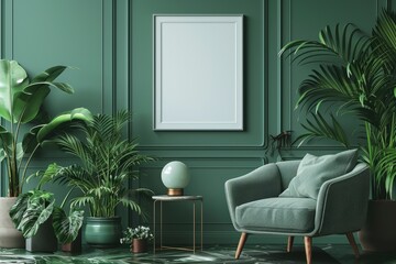 The living room is green with a grey couch in the background. Generative Ai