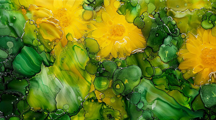 Abstract alcohol ink painting with sunflower yellow and moss green, oil paint detailed texture.