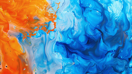 Abstract alcohol ink painting in electric blue and bright orange, with oil paint textures.
