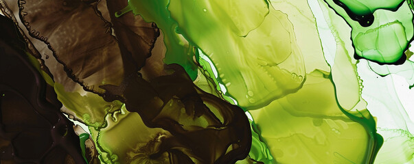 Abstract background with alcohol ink in electric lime and dark chocolate, oil paint texture.