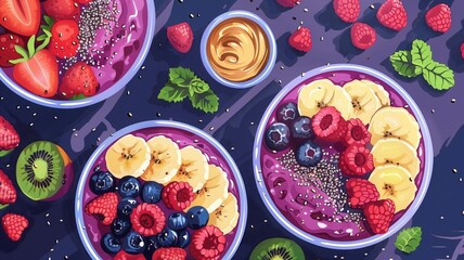 A colorful and vibrant painting featuring a bowl of fresh fruit and a bowl of creamy yogurt