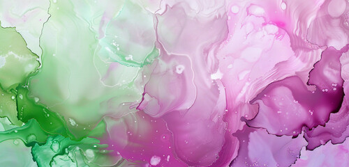 Abstract painting featuring electric green and soft magenta alcohol ink, detailed oil textures.