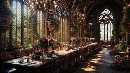 Enchanted Medieval Great Hall With Elegant Gothic Architecture and Abundant Floral Decor