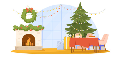 Obraz premium A cozy Christmas scene with a decorated tree, fireplace, gifts, and a festive dining setup against a large window backdrop, Vector illustration. Vector illustration
