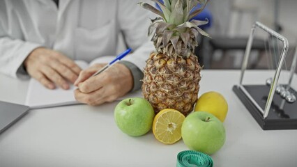 A nutritionist taking notes in clinic with fruits pineapple apple lemon measuring tape on table.