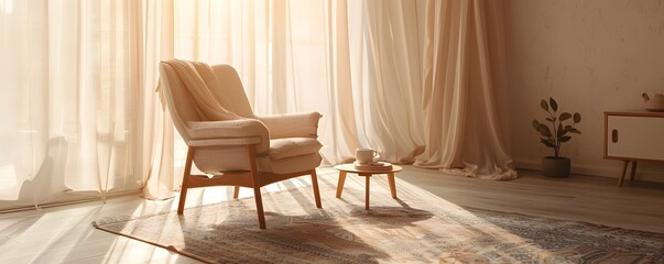 Cozy Minimalist Armchair in Sunlit Living Room with Draped Window and Tea Set