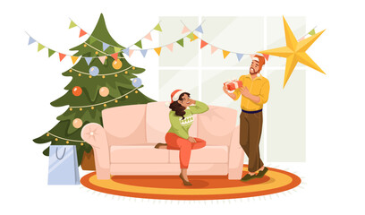 Fototapeta premium Man giving a gift to a woman in a Christmas themed living room, vector illustration on a white indoor background, concepts of holidays, surprise. Vector illustration