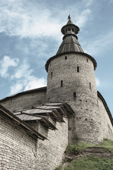 View of the tower and fortifications of Pskov.