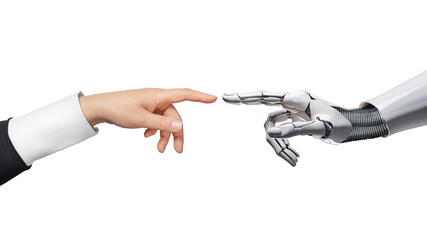 White cyborg robotic hand pointing his finger to human hand with stretched finger - cyber la...