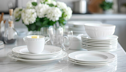 Clean plates, glasses, butter dish and floral decor on white marble table in kitchen