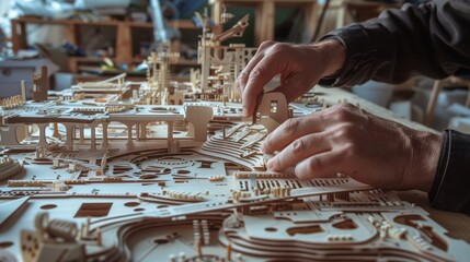 A group of people are working on a model of a building