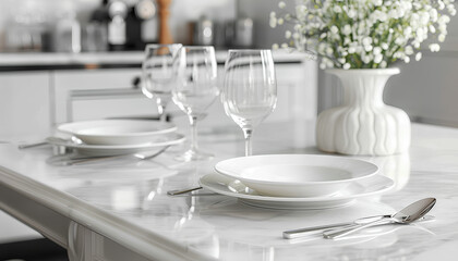 Clean plates, glasses, butter dish and floral decor on white marble table in kitchen