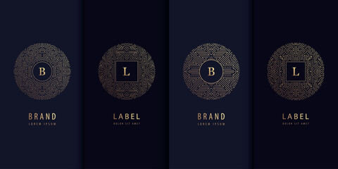 Vector set of art deco round logos with letter inside. Golden wine label design, luxury frame, package template, vip gift, jewelry product. Line beauty banner, monogram element