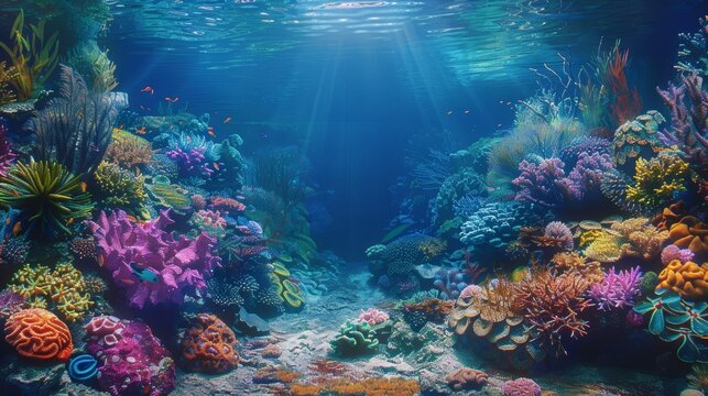 A beautiful underwater scene of an ocean with colorful coral reefs and marine life, creating a serene backdrop for product display