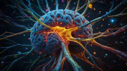 A striking CG visualization of the brain’s complex neural network, showcasing the vibrant interplay of neurons and synapses.