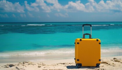 Sunny beach escape with yellow suitcase